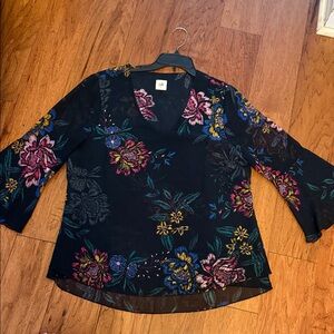 CAbi Black Floral V-Neck Blouse